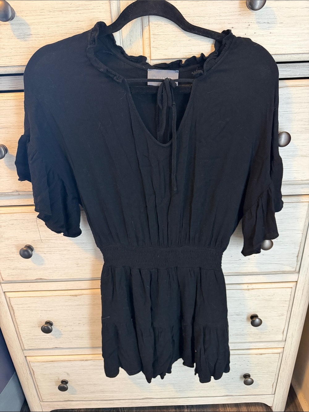 Black Ruffle Neck Smocked Waist Dress